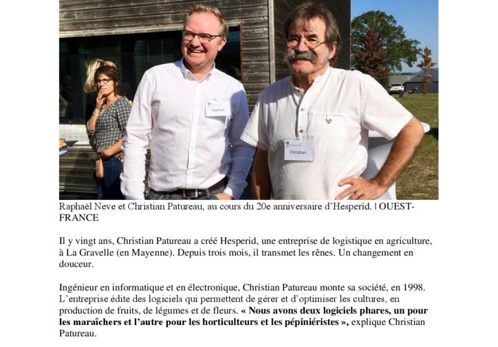 L’entreprise Hesperid fête son anniversaire et sa reprise. Ouest France le 10-10-2018.